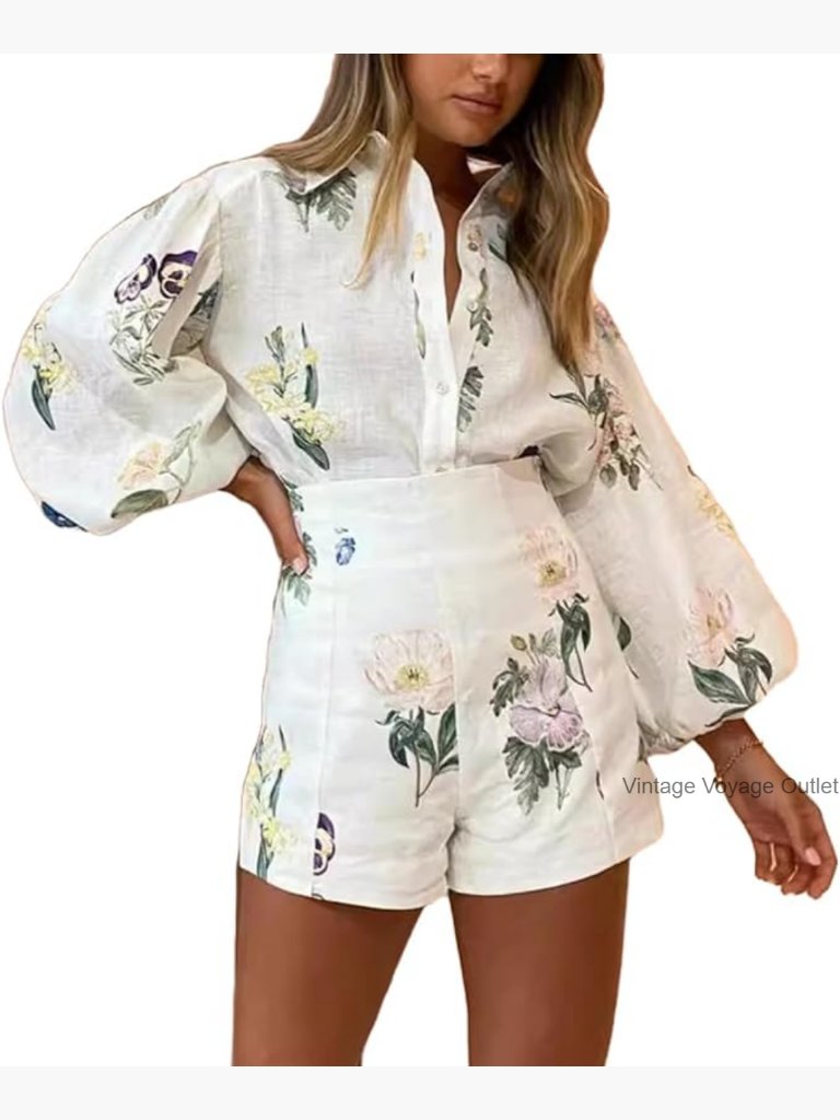 Floral Print Long Sleeve Button Down Shirt And High Waisted Shorts Lounge Set